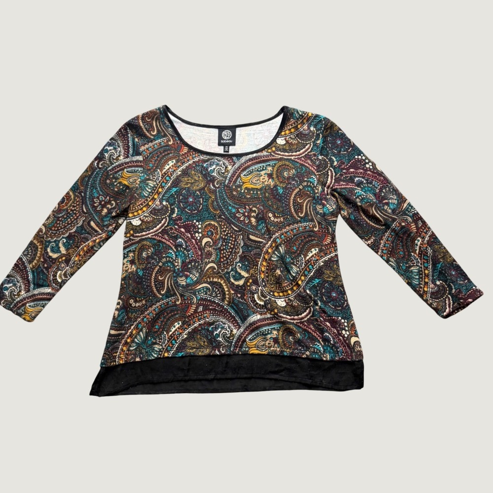 Paisley Knit Top Medium 3/4 Sleeve Layered Hem Scoop Neck Multicolor boho